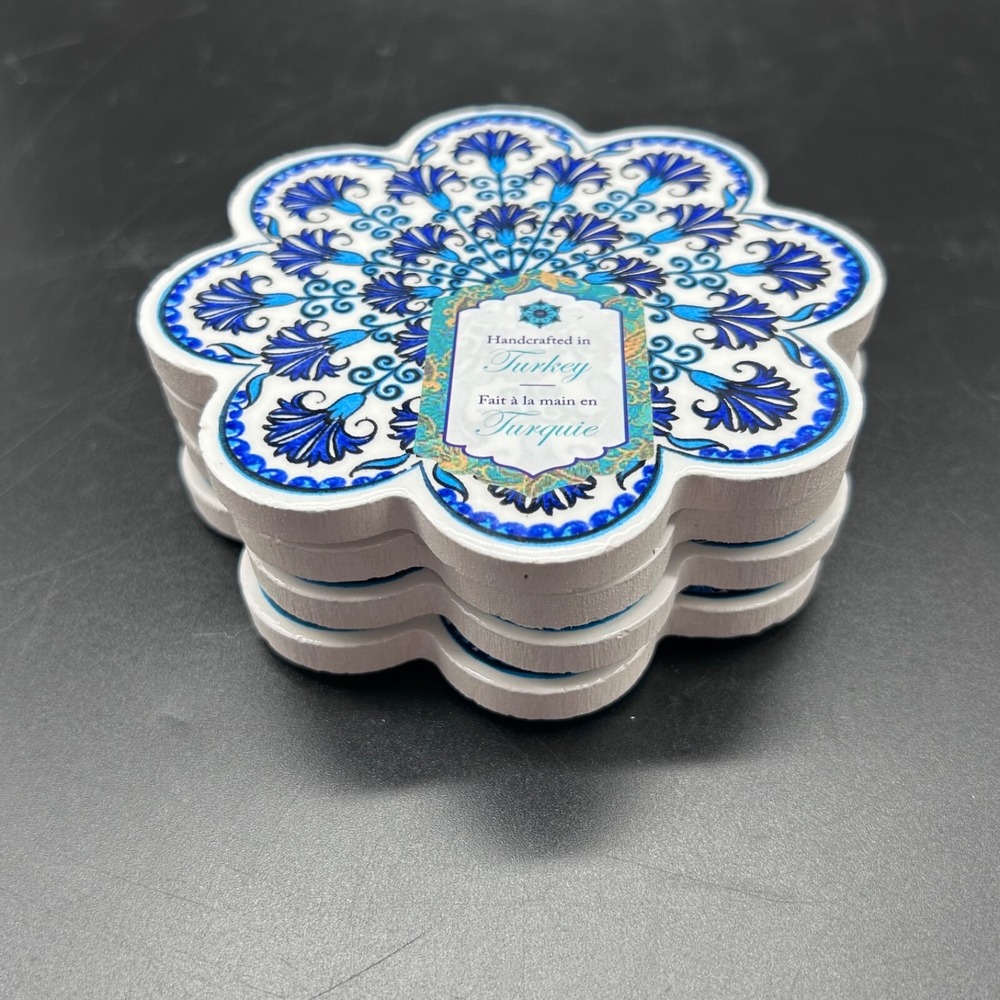 Set Of 4 Turkish Ceramic Coasters Design Made In Turkey Blue White Flower New - Picture 2 of 6